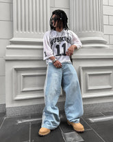 Hearujoy 90s Streetwear Y2K Casual Jeans Harajuku Classic Striped Light Blue Jeans Graphic Embroidery High Waist Straight Pants Baggy Trousers Men Women