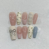 YICKYUE - Handmade Long Almond Wearable Fake Nail Pure Colour Temperament False Nails Nude Pink Glitter Rhinestones Removable Nail Patch