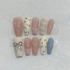 YICKYUE - Handmade Long Almond Wearable Fake Nail Pure Colour Temperament False Nails Nude Pink Glitter Rhinestones Removable Nail Patch