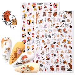 Abstract Lady Face 3D Nail Stickers Flowers Fall Leaf Sliders Paper Nail Art Decor Gel Polish Sticker DIY Manicure Foils Tips