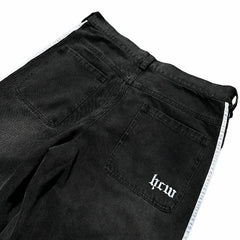 Hearujoy 90s Streetwear Y2K Striped Jogging Jeans Men Women Harajuku Retro Striped Letter Graphics Embroidered Jeans Goth Casual Wide Leg Pants Trousers