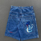 Hearujoy Y2K New Shorts Denim Capris Harajuku Hip Hop Vintage Graphic Print Loose Denim Shorts Mens Casual Straight Wide Leg Blue Shorts