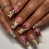 YICKYUE - 24pcs Autumn Leopard print False Nails French Ballet Fake Nail Tips Wearable Full Cover Red Flower Spice Girls Press on Nails