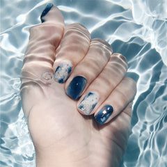 24Pcs Fashion Fake Nails with glue for women diy Nail Art Marble Blue Ocean smudge Designs Artificial Nail Tips false Nails TN