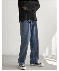 YICKYUE - AllSeason Casual Soft Men's Cool Boys Loose Jeans Straight Long Pants Button Zipper Solid Pocket Versatile Comfortable