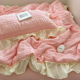 YICKYUE - 1/3Pc Pink Korean Style Princess Lace Ruffle Soft Brushed Seersucker Summer Quilt Single Double Quilted Summer Comforter Blanket