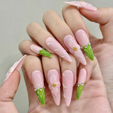 YICKYUE - 10pcs Handmade Summer Press on Nails Sweet Pink Long Almond False Nails Wearable Ins 3d Carved Flower French False Nail Tips