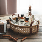 Round Rattan Woven Tray Decorative Tray with Leather Handle, Vanity Tray Organiser for Kitchen Home Serving, Storage and Display