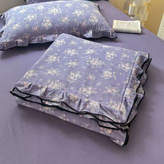 YICKYUE - 4pcs Lace Quilt Set Flat Sheet 2 Pillowcases Flowers Printed Summer Blanket Queen Size French PrincessWrinkled Yarn Bedding Set