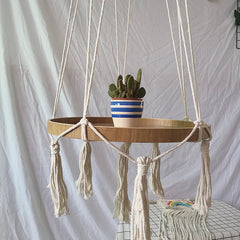 Boho Macrame Hanging Plant Support Wood Shelf Plate Handmade Korean Nordic Home Bedroom Decor Bed Side Small Stuff Organizer