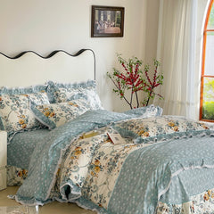 Yickyue 100% Cotton Blue Pastoral Style Flowers Printed Duvet Cover Ultra Soft Lace Ruffle edge Bedding Sets Bed Sheet 2Pillowcases 4pcs