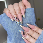 YICKYUE - 24PCS Ocean Style Fake Nails Press On Long Stiletto Nails with Starfish Stars Decor Removable Golden French False Nails Almond