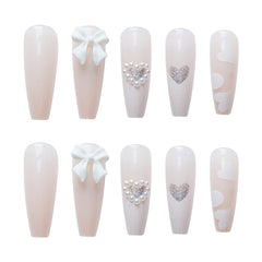 24pcs Artificial Nails Rhinestone Pearl False Nails Full Cover Nail Tips Butterfly Cartoon Press On French Ballerina Fake Nail