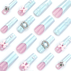 YICKYUE - 24pcs 3D French Fake Nails Pink Bow Design Blue French Press on Nails Full Cover Wearable Cat Crystal Long Ballet False Nails