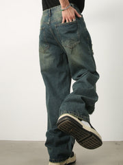 Hearujoy Men's Denim New Design Sense Street Dance Hip-hop Skateboard Hole Straight Leg Jeans Frosted Wide Leg Loose Casual Denim Pants