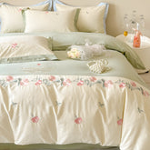 Yickyue - Vintage Floral Soft Brushed Cotton Embroidery Bedsheets Set