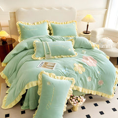Yickyue - Floral Embroidery Matte Milk Velvet Comforter Cover Bedding Set