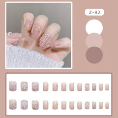24Pcs Square Head Press oN Nails Full Finished Pink False Nails Gold Edge Pearl Wearable Fake Nail Patch Full Cover Nail Art