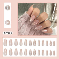 YICKYUE 24Pcs Pink Almond Press-On Nails Glossy Sweety Heart Patterns False Nail Tips with Cat Eye, Mirror Disign for Women&Girls Wear