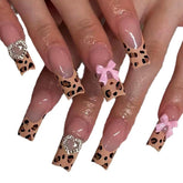 YICKYUE - Luxury Ladies 24Pcs/Set Super Long Square French Leopard Print Pink Bow Heart Decoration Wearable Fake Nail Press on Nail Art
