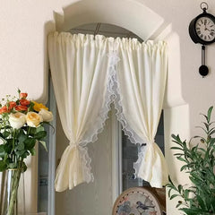 YICKYUE - Korean Double Lace With Pearls Tulle Curtains For Bedroom Girl Room French Dream Light Yellow Short Sheer Voile For Door Kitchen
