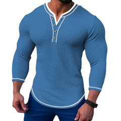 Hearujoy waffle Henry Collar Button T shirts For Men Patchwork Long Sleeve Tops Sweatshirt Spring Autumn Fashion Casual Tee Streetwear