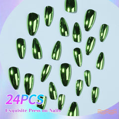 YICKYUE - Pure green almond nail metal feeling fake nail nail patch press nail wear nail for women girls students pregnant women 24pcs/set