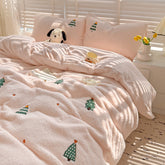 YICKYUE - 3/4Pcs Winter Thickened Warm Milk Velvet Christmas Tree Embroidery Bedding Set Duvet Cover Bed Sheet Pillowcase Christmas Gifts