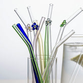 MDZF SWEETHOME 4pc Glass Flower Straw With Cleaning Brush Reuse Mason Cup Cocktail Straw Tea Curved Straw Bar Accessories