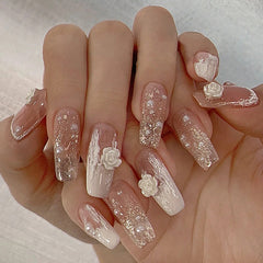 24Pcs/Box Ballet Coffin False Nails With Glue White Camellia Pearls Designs Fake Nails Full Cover Reusable Press On Nail Tips