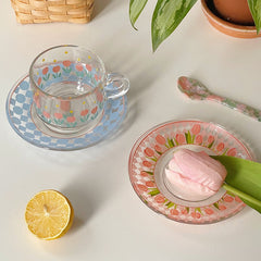 Korea Nordic Tulip Transparent Glass Coffee Cup Flower Coffee Cup Saucer Flower Glass Afternoon Tea Water Cup Saucer Drinkware