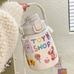 850ml Cute Stainless Steel Water Bottle Large Kawaii Thermos With Straw Strap Insulated Portable Juice Cup Gift For Girl Kids