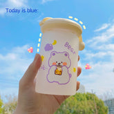 Korea Kawaii Simple Frosted Water Cup for Students with Cartoon Pattern Glass Cute Girl Heart Coffee Milk Cup