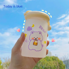 Korea Kawaii Simple Frosted Water Cup for Students with Cartoon Pattern Glass Cute Girl Heart Coffee Milk Cup