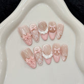 YICKYUE - 10pcs Handmade Press on Nails French Cat Eye Pink Bow Decor Korean False Nails Wearable Full Cover Ins Almond False Nail Tips