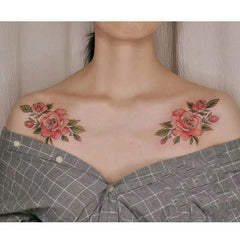 Waterproof Temporary Tattoo Sticker Rose Flower Leaves Color Design Body Art Fake Tattoo Flash Tattoo Chest Clavicle Female Male