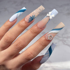 YICKYUE - 24pcs Long Fake Nails 3D Snowflake Design Matte Blue French Press on Nails for Girls Full Cover Wearable Christmas False Nails