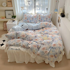 YICKYUE - French Romantic Style Bedding Set Princess Skin Friendly And Comfortable Quilt Cover Lace Washed Cotton Printed Duvet Cover Set