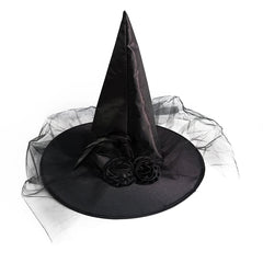 Witch Hat with Lace Mesh Rose and Feather Creative Halloween Costume Props for Festival Party Masquerade NSV