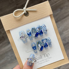 Yickyue 10Pcs Set Blue Handmade Press On Nails Snowflakes Ballet with Rhinestones False Nails Decoration Manicure Fake Nails Tips Art