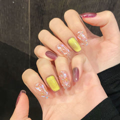 YICKYUE - 10pcs Handmade Press on Nails Purple Crystal Design Fake Nails for Women Girl Wearable Sweet Korean Bead Cat Eye False Nails