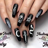 Press On Nails Free Shipping 24PCS Long Nail Tips Design Black Graffiti Sweet Style Full Coverage Nails Fake Long Fingernail