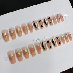 YICKYUE - 24pcs Gold Foil Fake Nails Retro Brown Lady Girl Press on Nails With Rhinestone Design Full Cover Artificial Nail Patch Wearable