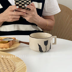 Mushrooms 9527 Japanese Retro Hand-painted Black Flower Ceramic Mug Square Handle Coffee Mug Breakfast Milk Cup Tableware