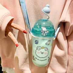 560 ML Kawaii Bubble Tea Water Bottle With Straw Cap Strap Cute Girl Student Pearl Milk Tea Plastic Bottle For Boba Drink Cups