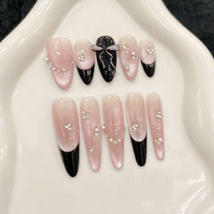 YICKYUE - 10pcs Handmade Press on Nails Sweet Pink Cat Eye False Nails Wearable Full Cover Black French Bow Design Almond False Nail Tips