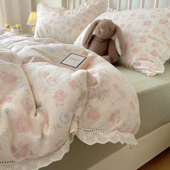 YICKYUE - Korean Style Double Gauze Bedding Set - 4PC Lace Trim Duvet Cover | Soft & Breathable (Class A Certified)