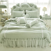 Yickyue Korean Style Princess Bedding Set Luxury Green Lace Ruffle Solid Duvet Cover Bedspread Bed Skirt Pillowcases Queen King Size