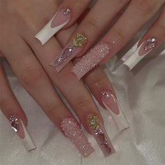 YICKYUE - 24Pcs Press on Nails Long Square False Nails with Rhinestone Glitter White French Fake Nails Detachable Ballet Nail Art Tips