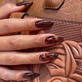 YICKYUE - Sexy Leopard Print Glossy Red Brown Halo Dyeing Star Almond Shape Fake Nail Tip INS Detachable False Art Nail Press on Nail Glue